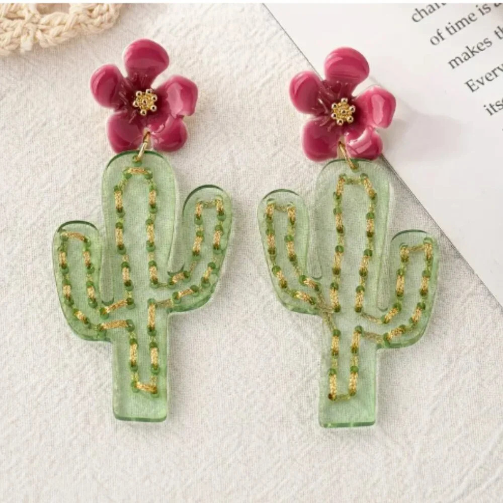 Pink Flower with Cactus Drop Earring - Bold Statement Earrings - NEW